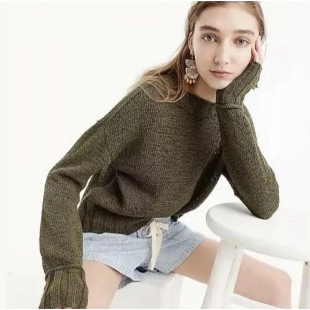J.Crew Wide Rib Crewneck Knit Sweater in Olive Green Lightweight Medium